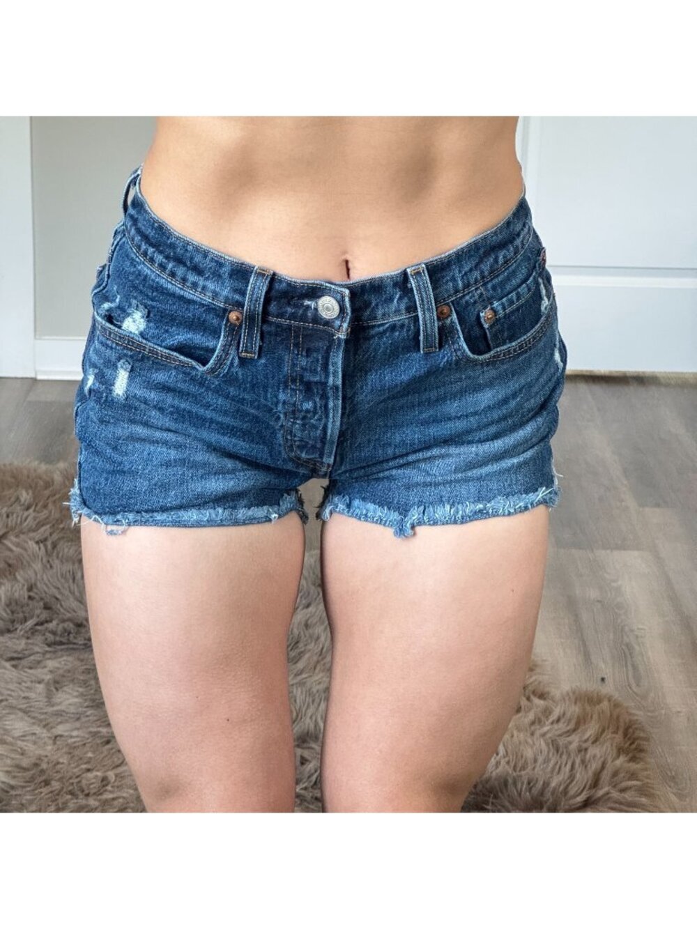 Grunge Distressed Levis 501xx Mid Rise Denim Shorts Womens 27 Stretch Blue Jeans